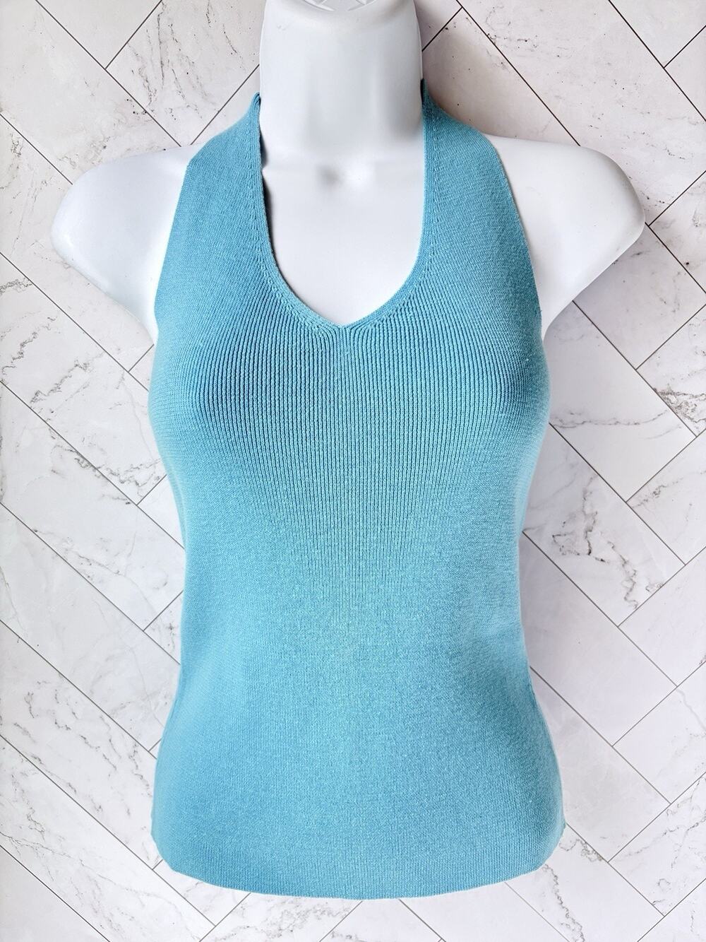 GAP VTG Baby Blue V-Neck Knit Halter Top Boho Festival Beach Y2K 2001 Sz M